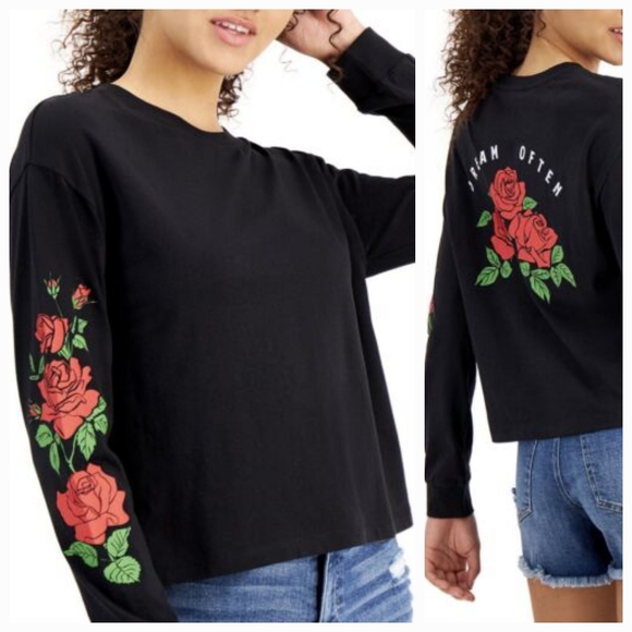 Rebellious One Tops - Rebellious One Long Sleeves Rose Graphic-Print Tee. Size XS